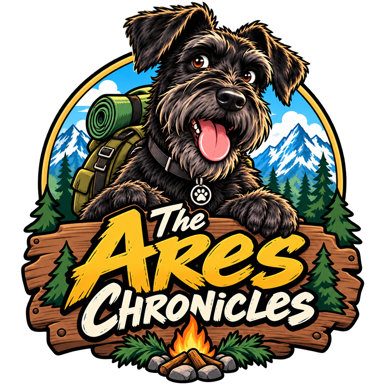 The Ares Chronicles — Ares with mountains, a backpack and a campfire