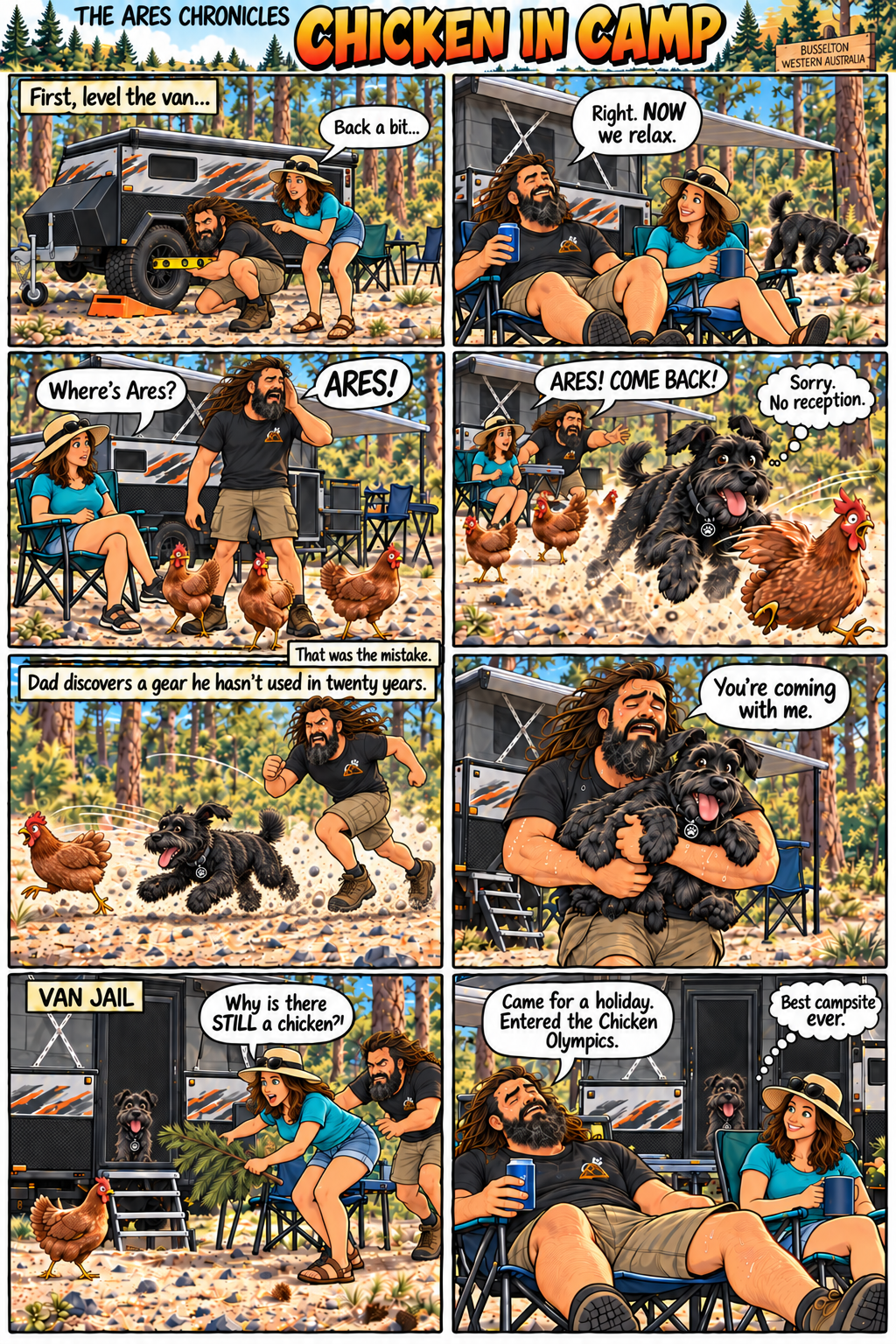 Eight-panel comic: Jo and David set up camp in Busselton. Ares chases the campsite chickens, David runs after him and carries him back to the van, and one chicken still refuses to leave.