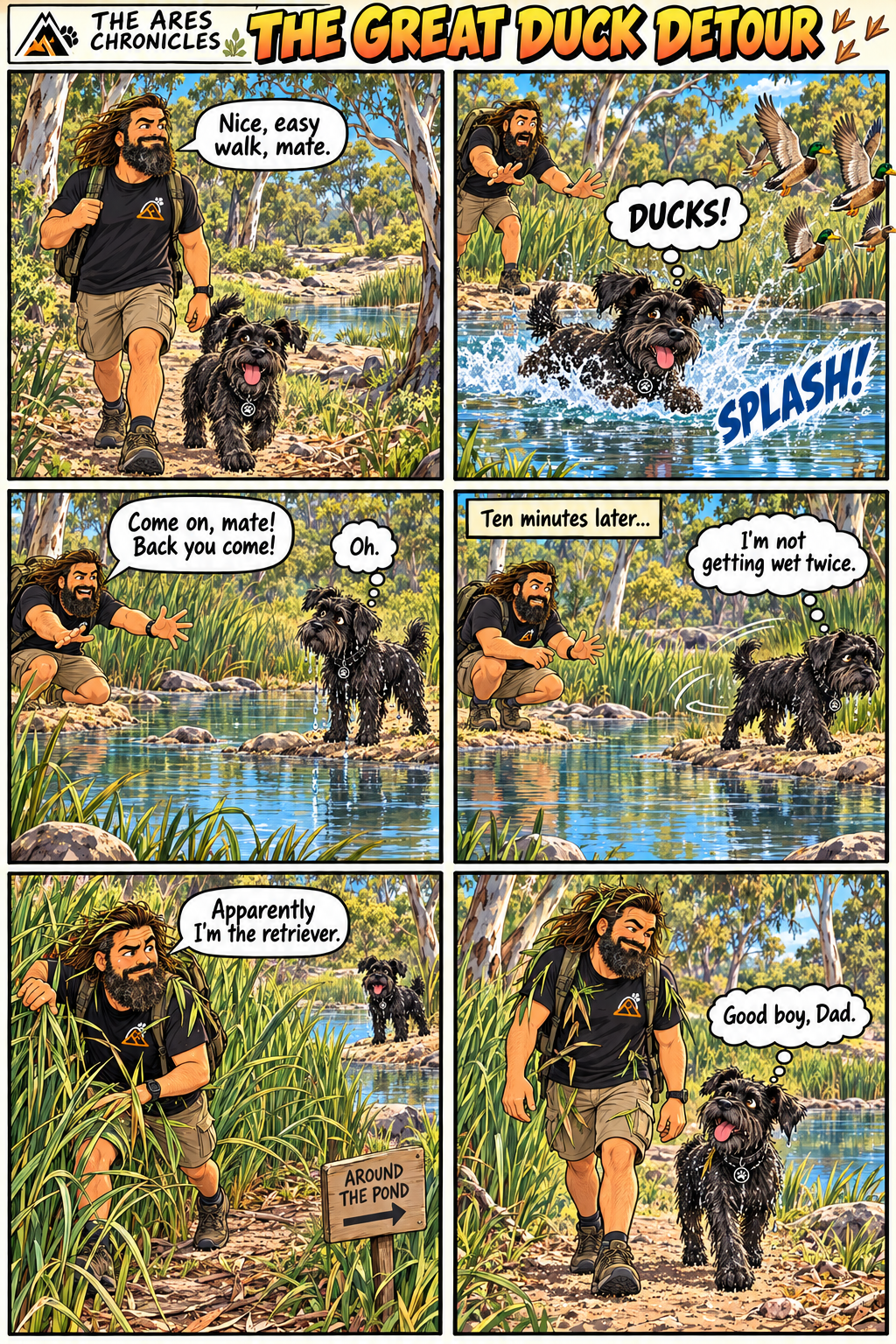 Six-panel comic: Ares chases ducks into a pond, then refuses to swim back. David walks around the pond to retrieve him, earning a Good boy, Dad from Ares.