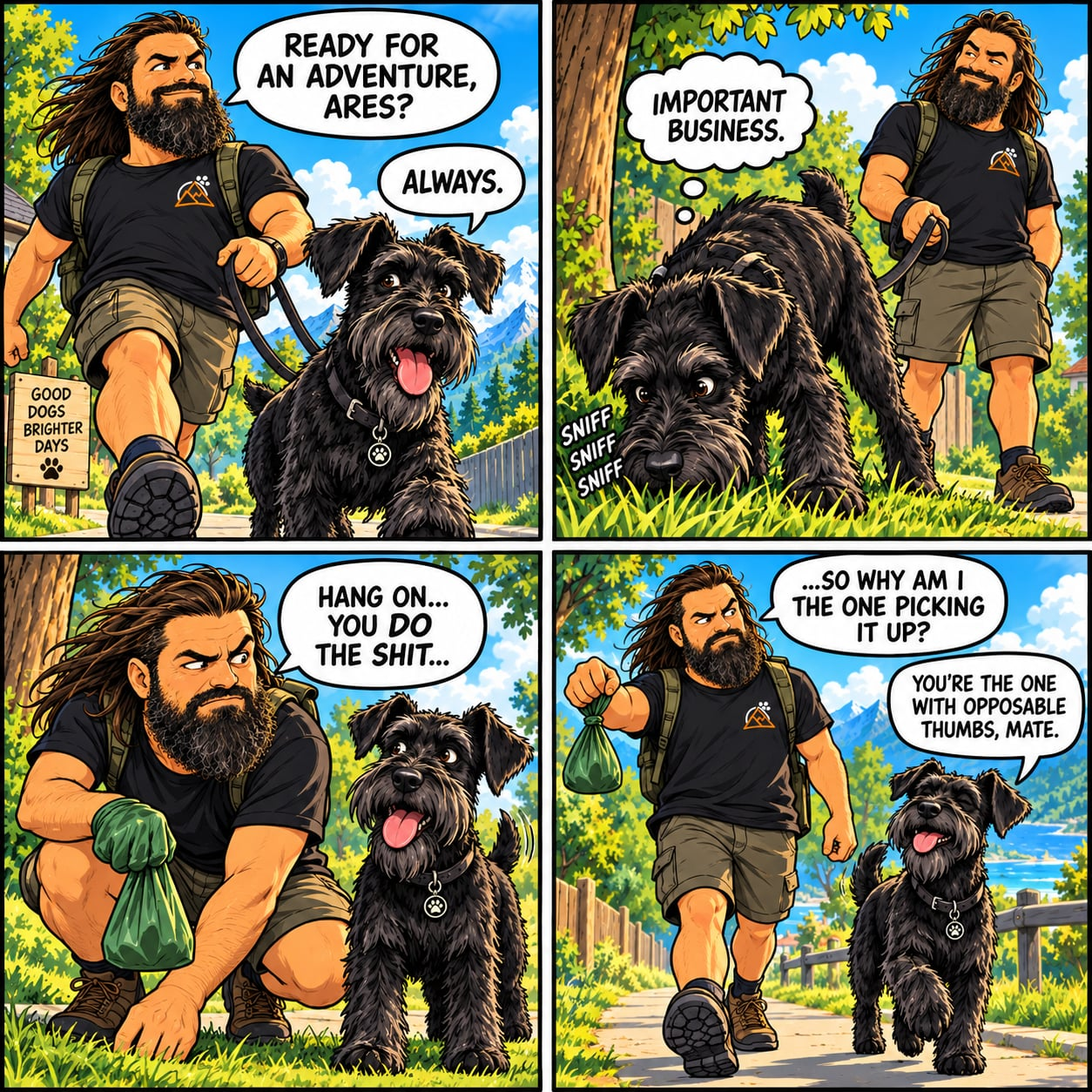 Four-panel comic: David and Ares head out for a walk. Ares stops for important business. David wonders why he has to pick it up, and Ares replies that David is the one with opposable thumbs.