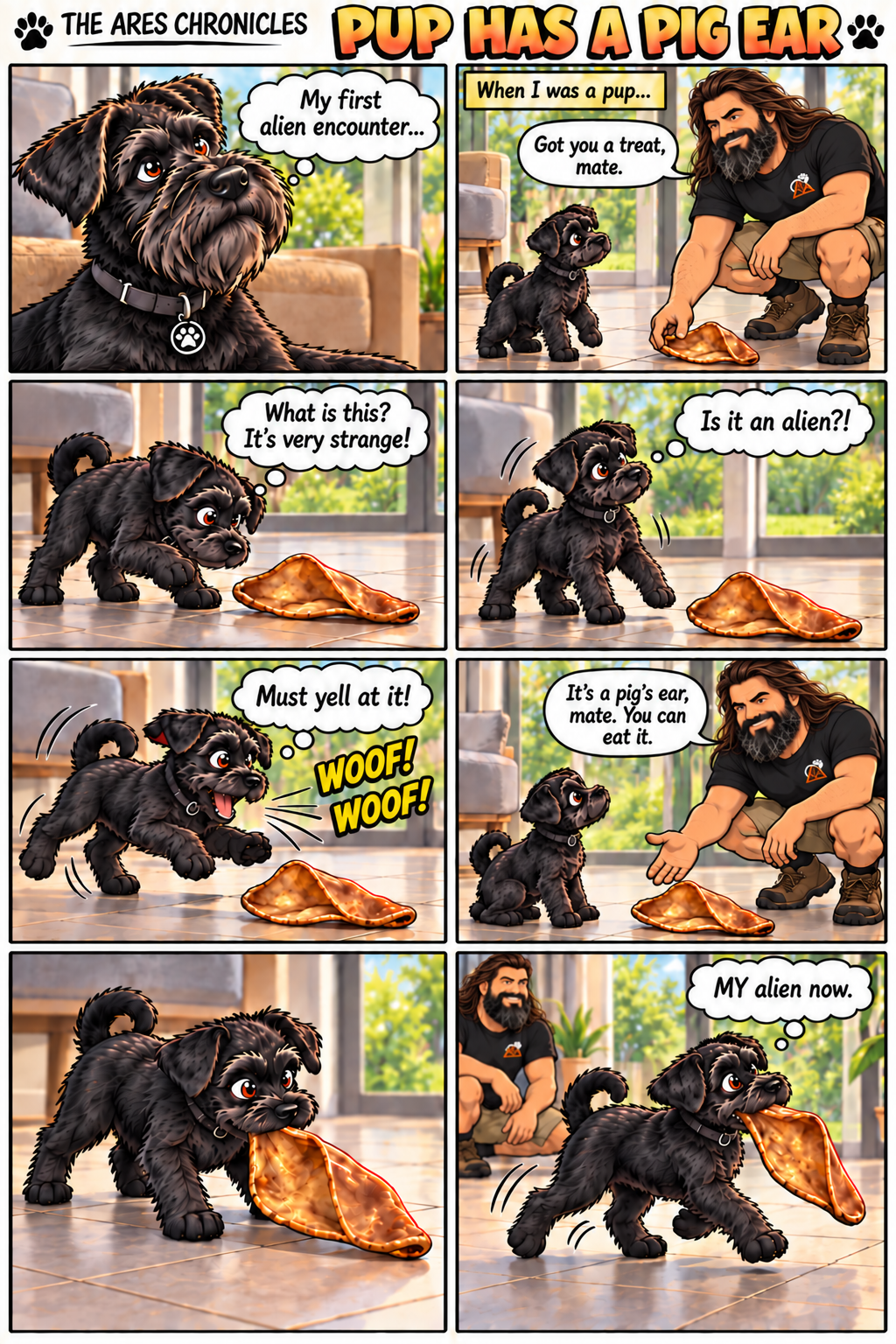 Eight-panel comic: adult Ares remembers David giving him a dried pig’s ear as a puppy. He suspects an alien, barks and jumps around it, then picks it up and trots away with his prize.