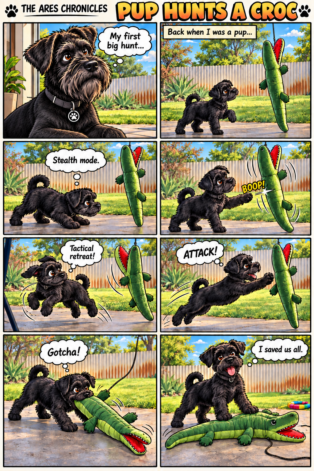 Eight-panel comic: adult Ares remembers stalking a stuffed crocodile bigger than himself as a puppy. After a cautious paw tap and a tactical retreat, he pounces and proudly defeats the toy.