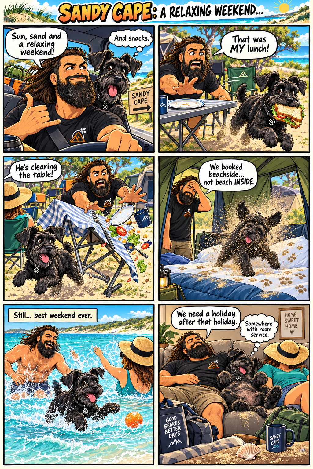 Six-panel fictional Sandy Cape comic: David and Ares head to the beach, Ares steals lunch, pulls the tablecloth and shakes sand onto the bed, before the pack enjoys a swim and returns home exhausted.