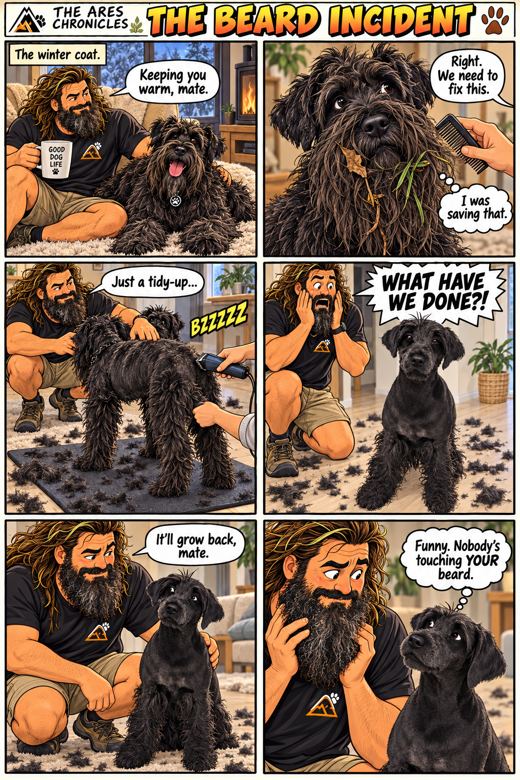 Six-panel comic: Ares’s shaggy winter beard collects leaves and grass. A tidy-up leaves him almost unrecognisable, while David gets to keep his own beard.