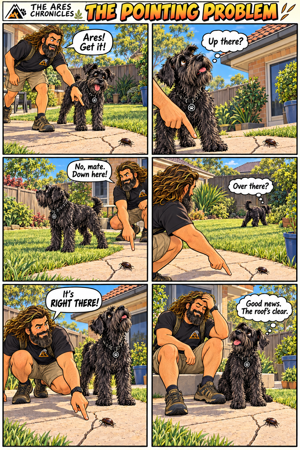 Six-panel comic: David points at a bug on the paving, but Ares searches the roof and the far end of the backyard instead. The bug stays right in front of them.